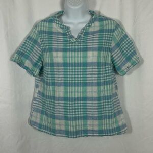 L.L. Bean Linen/Cotton Blue/Green Plaid Y-neck short sleeve top in Extra Small
